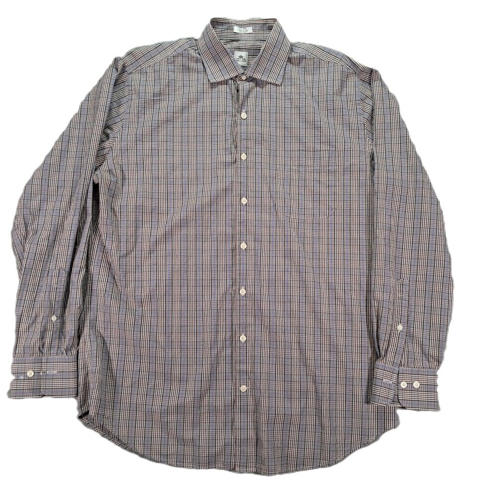 Peter Millar Shirt Men Large Button Up Beige Blue Plaid 100% Cotton Long Sleeve